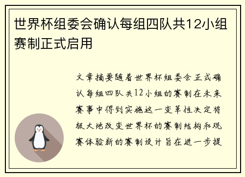世界杯组委会确认每组四队共12小组赛制正式启用